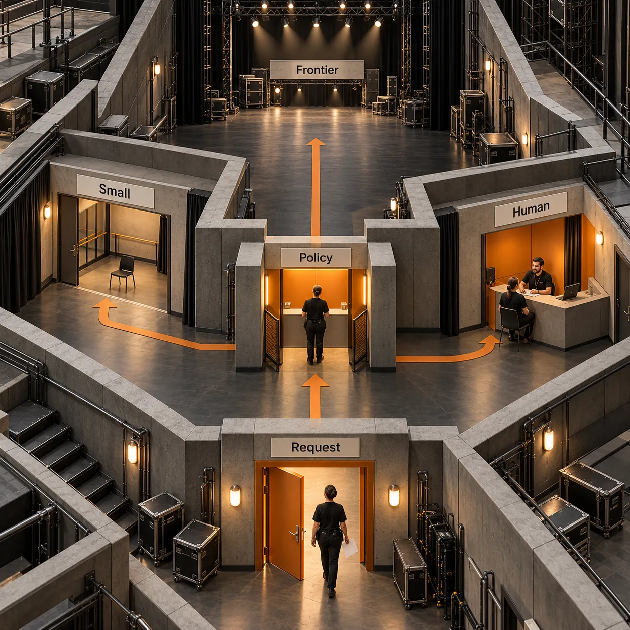 Architectural policy gate with separate paths to a small model, a frontier model and human review
