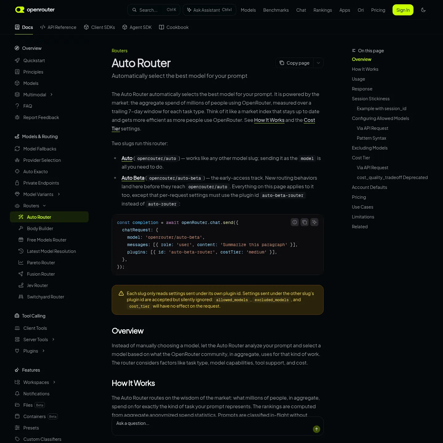 OpenRouter Auto Router documentation explaining task classification and cost tiers
