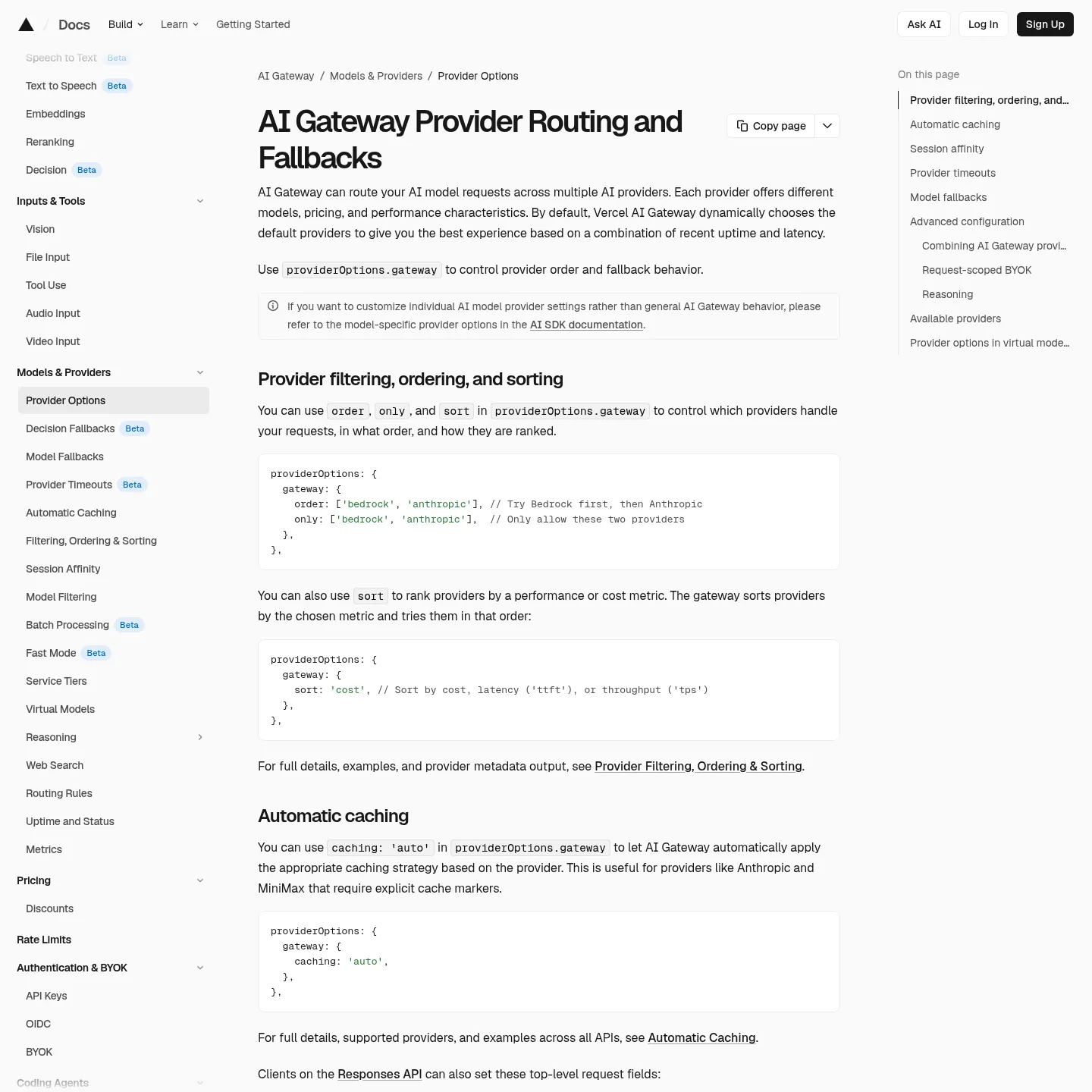 Vercel AI Gateway documentation for provider selection and fallbacks
