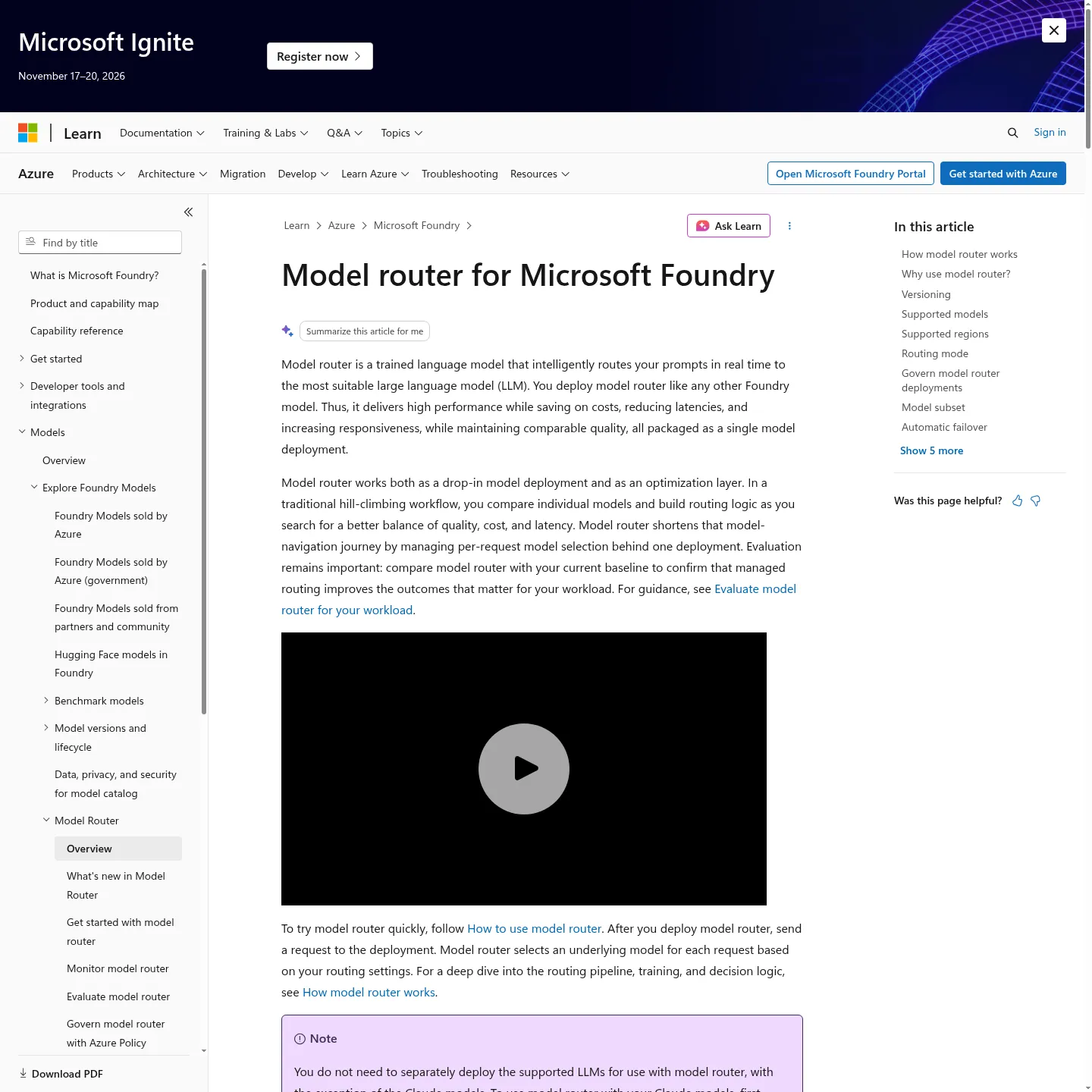 Microsoft Foundry documentation for model router modes and limitations