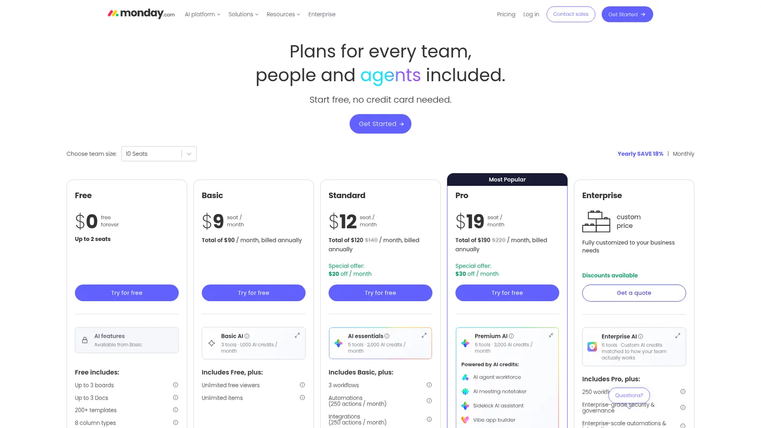 monday.com pricing page with Work Management plan cards and annual billing selected