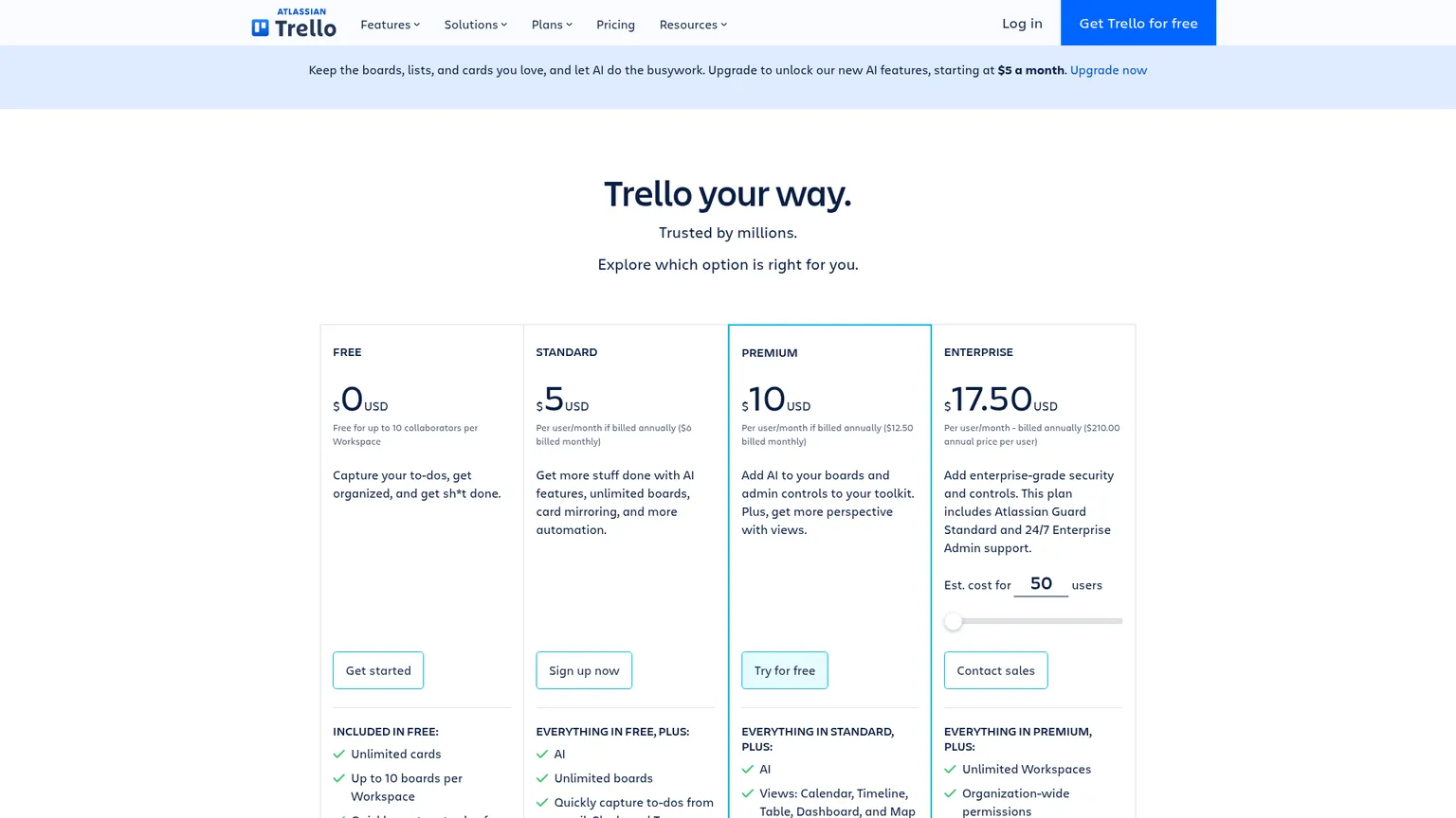Trello pricing page showing its Free plan and paid plan feature differences