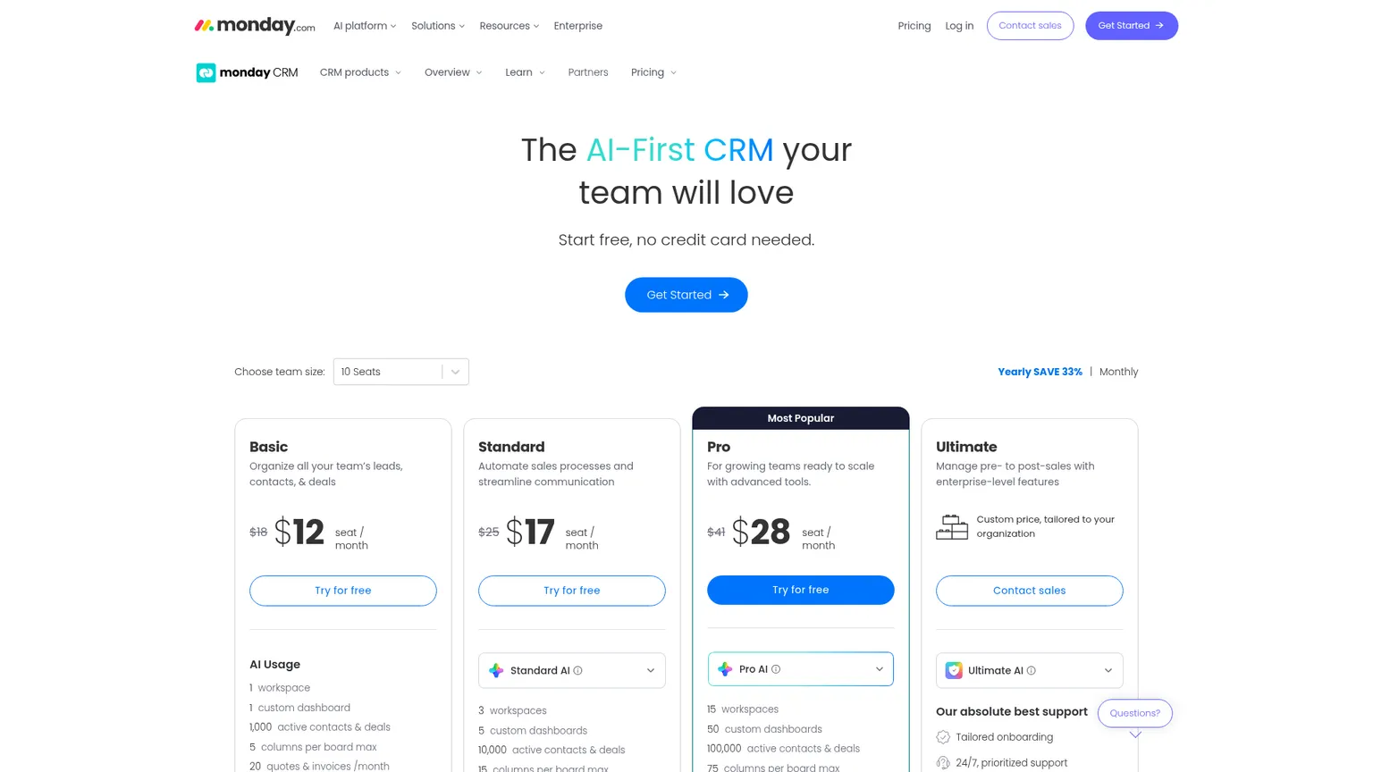 monday CRM's live pricing page with Basic, Standard, Pro and Ultimate plans