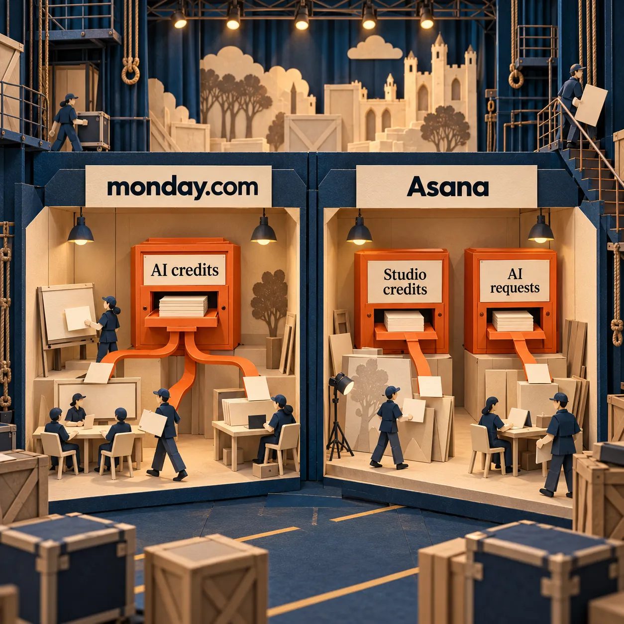 Paper theatre showing one shared monday.com AI credit cabinet and separate Asana Studio credit and AI request cabinets