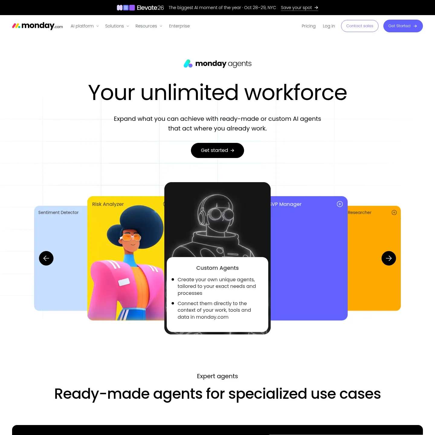 monday.com agent page showing ready-made and custom agents for specialized work