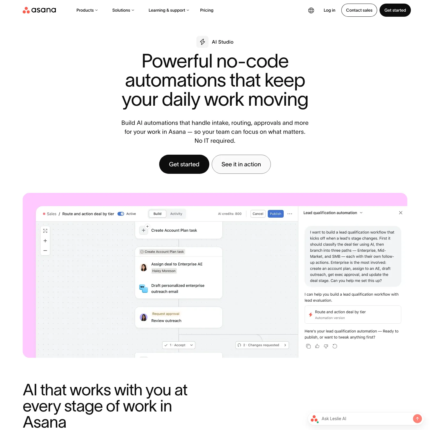 Asana AI Studio page showing a workflow with branching and human approval steps