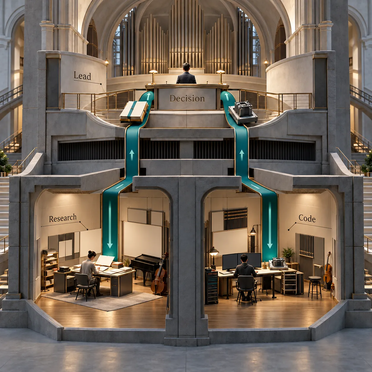 Architectural cutaway showing separate Research and Code rooms returning work to a Lead and shared Decision desk