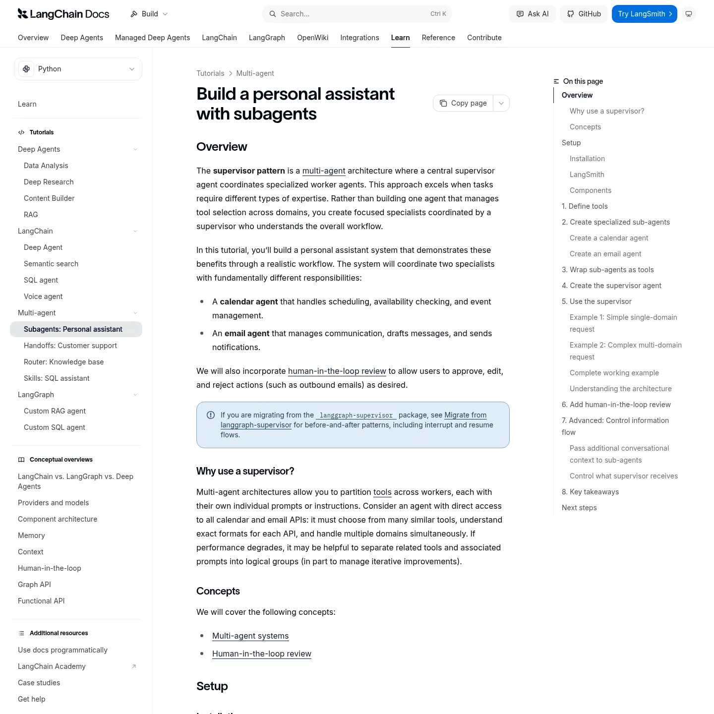 LangChain documentation showing specialist agents wrapped as tools for a supervisor