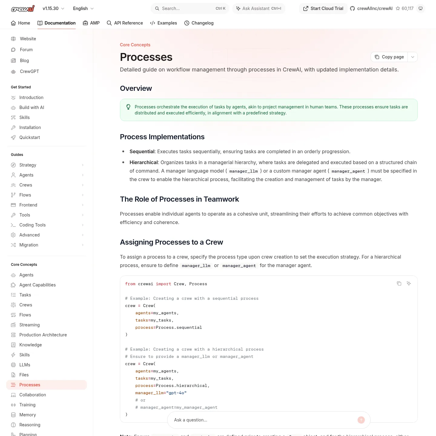 CrewAI documentation describing sequential and hierarchical crew processes