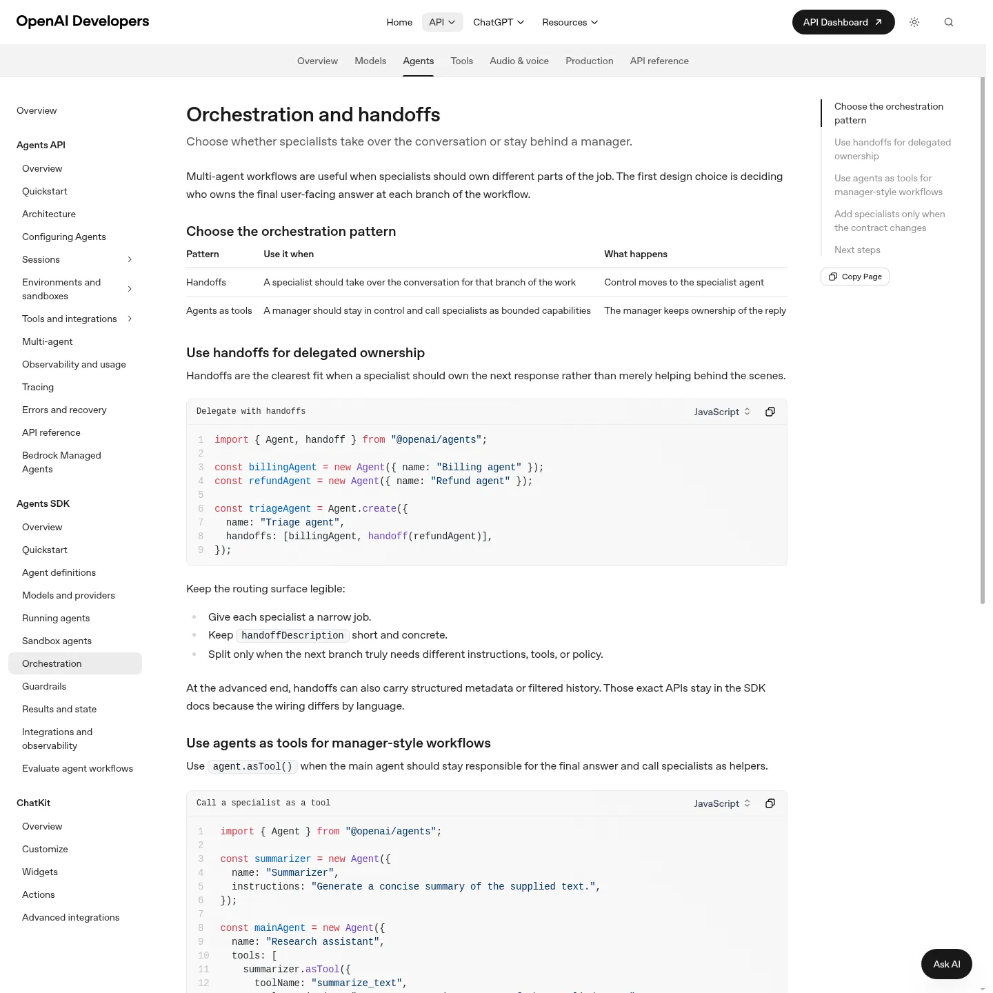 OpenAI Agents SDK documentation comparing handoffs with agents as tools