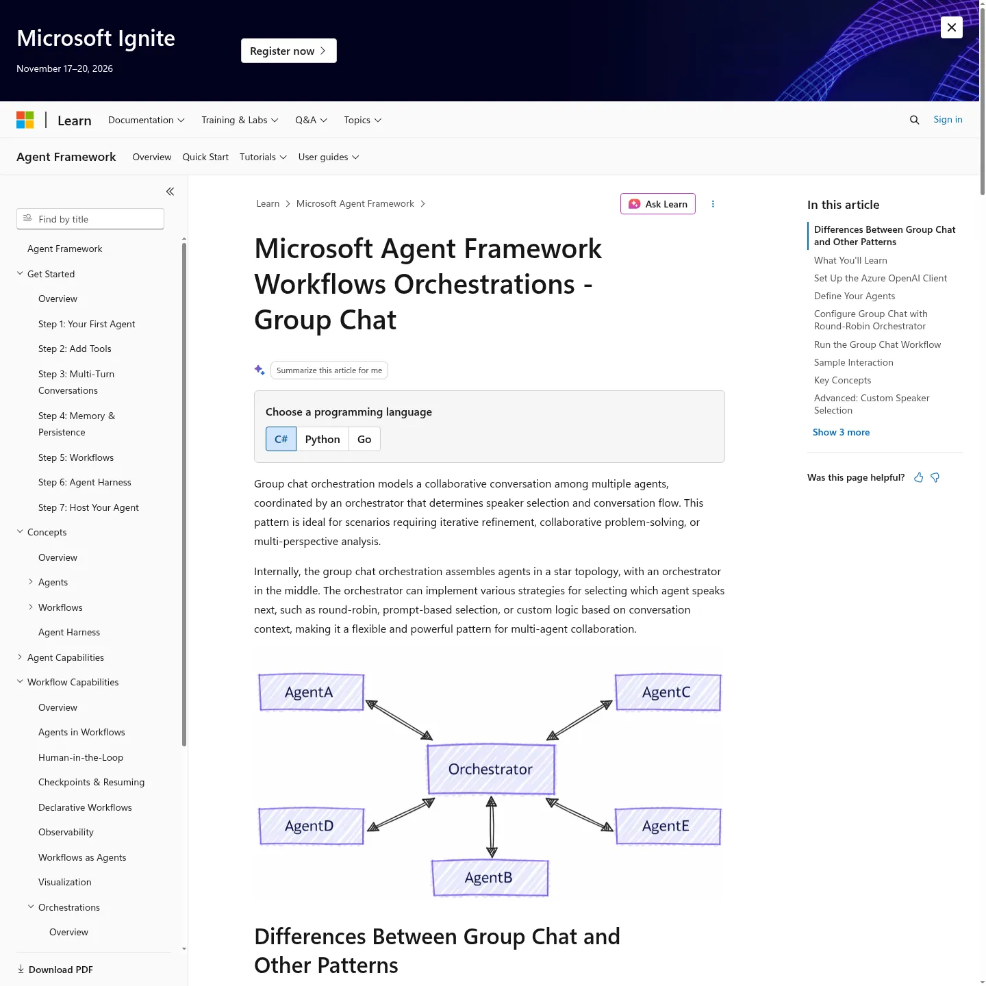 Microsoft Agent Framework group-chat documentation with speaker selection and termination configuration