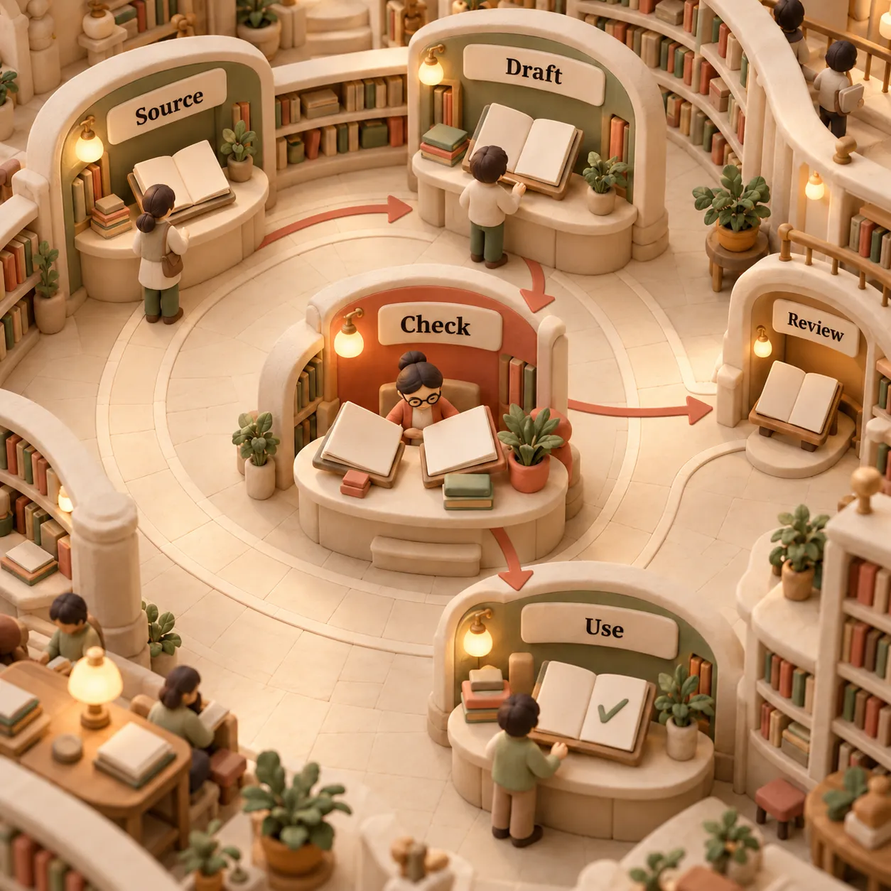 Clay library decision path from source to draft to checking, with uncertain work sent to review before use