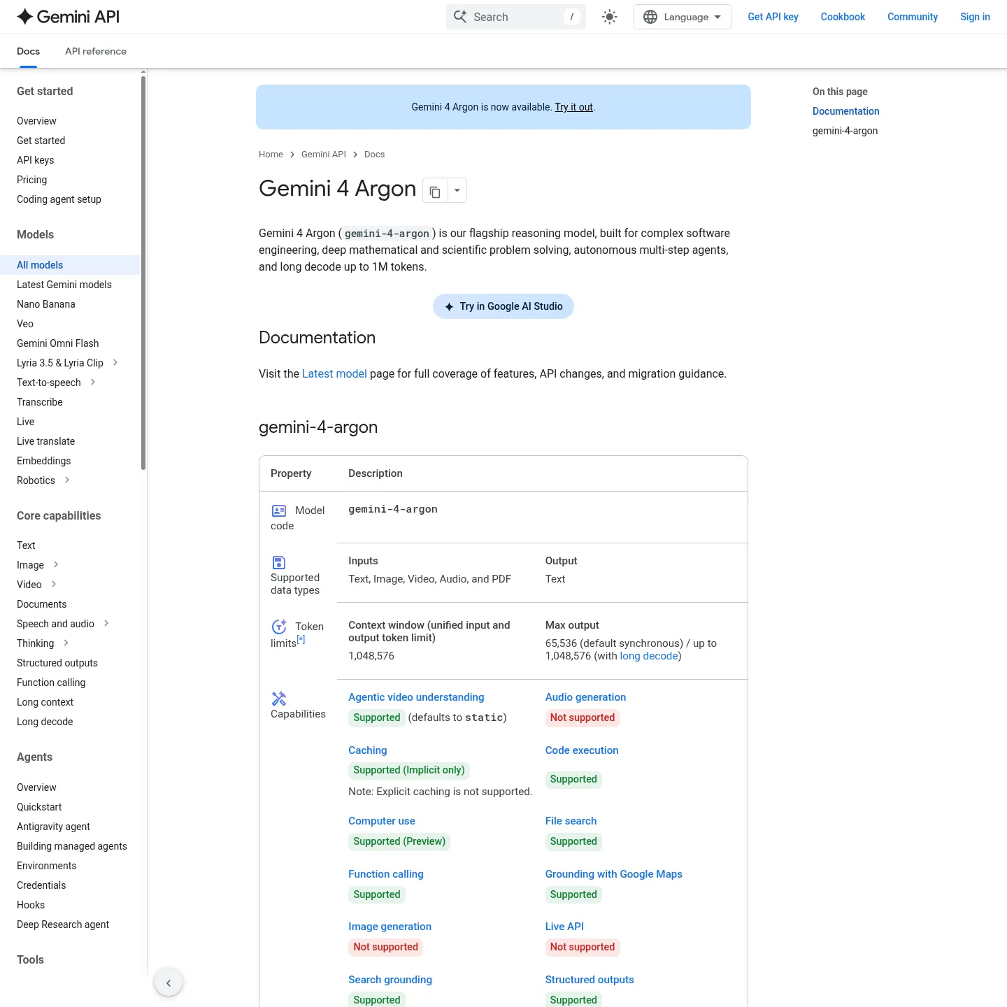 Google's Gemini 4 Argon page listing supported data types and capabilities