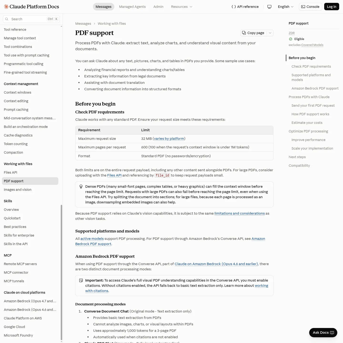 Anthropic documentation describing Claude PDF processing