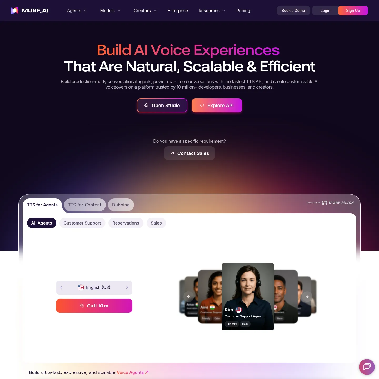 Murf homepage presenting Studio and API as separate voice products