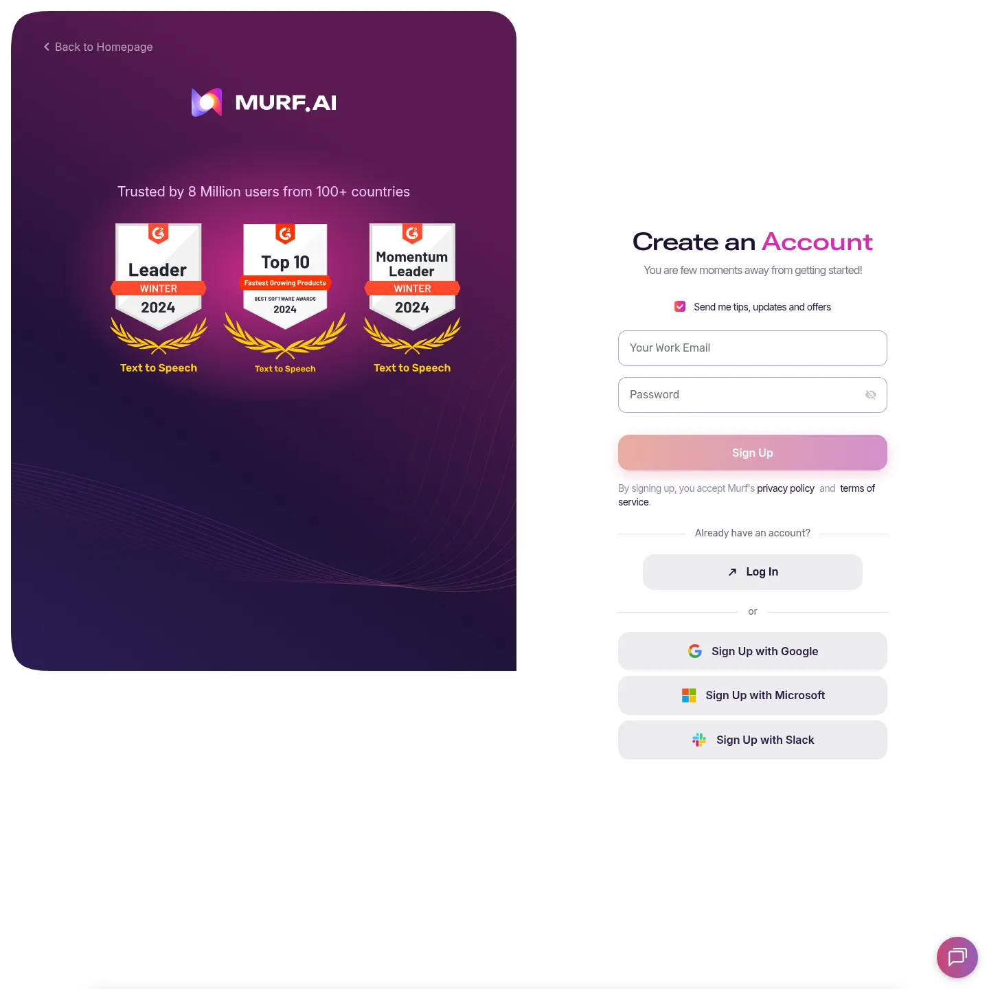 Murf Studio public signup page before accessing the production workspace