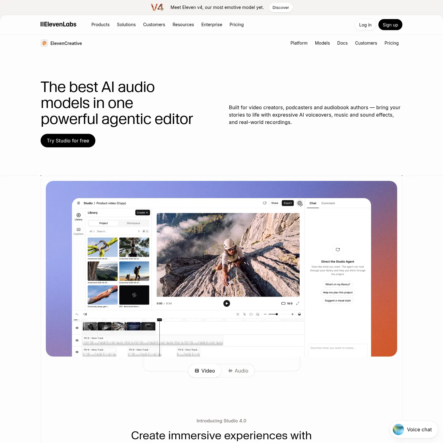 ElevenLabs Studio page showing its audio and video production workspace
