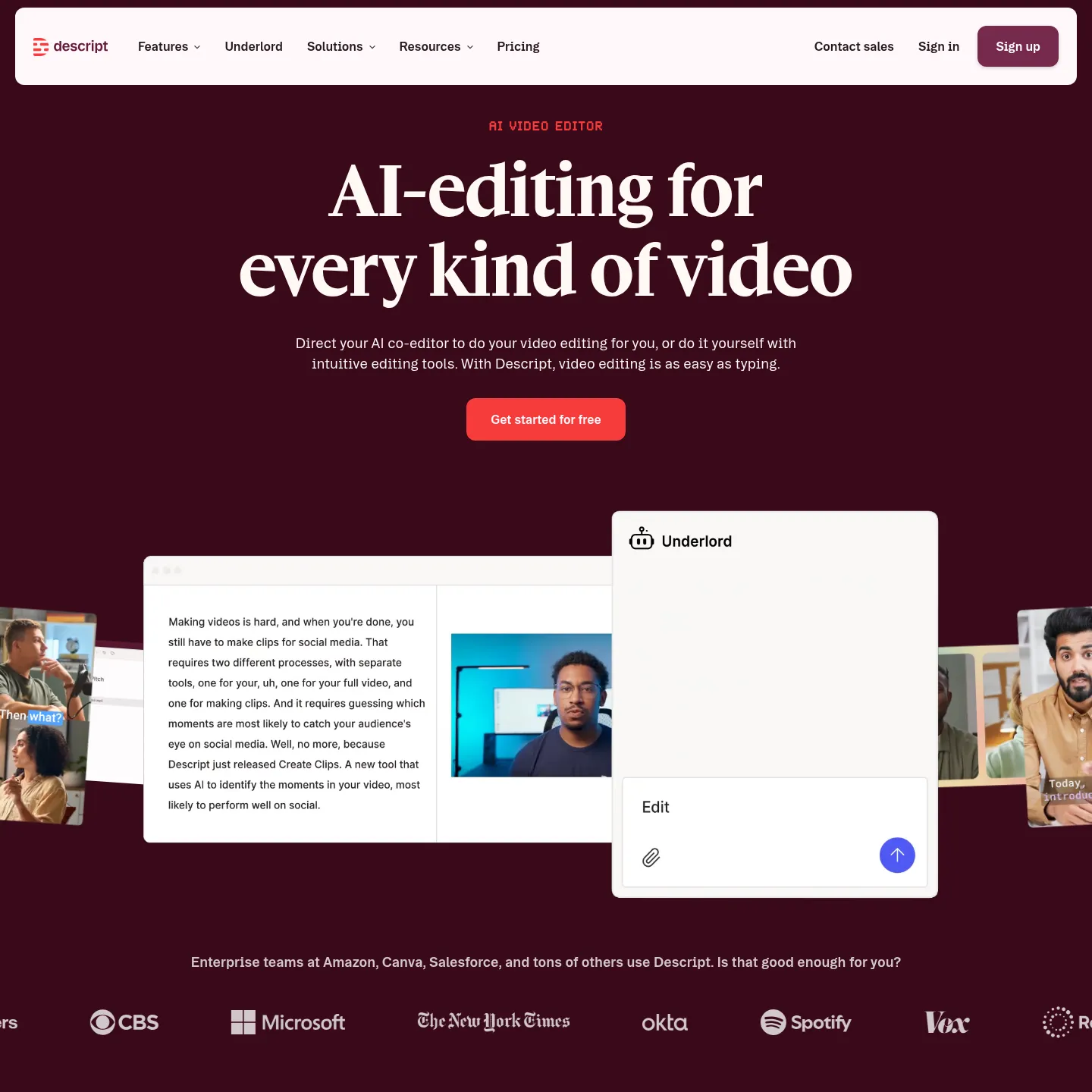 Descript homepage showing text-based editing for recorded audio and video