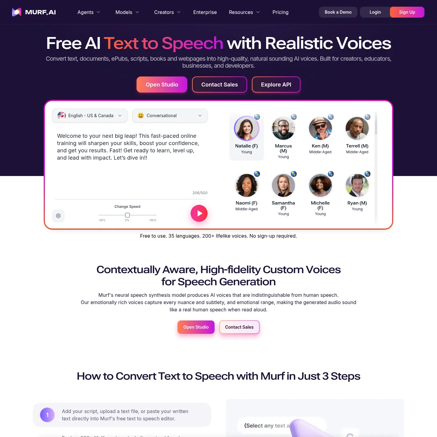 Murf text-to-speech page with voice samples and language choices