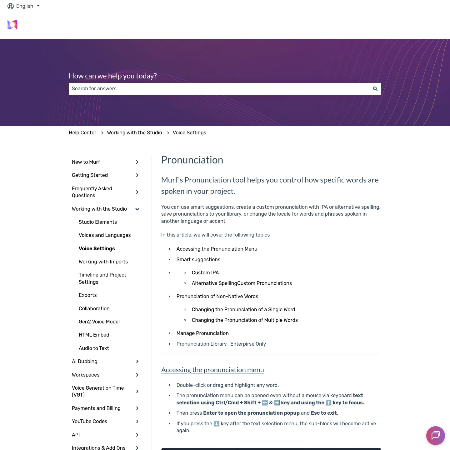 Murf documentation illustrating pronunciation selection and reusable pronunciation settings