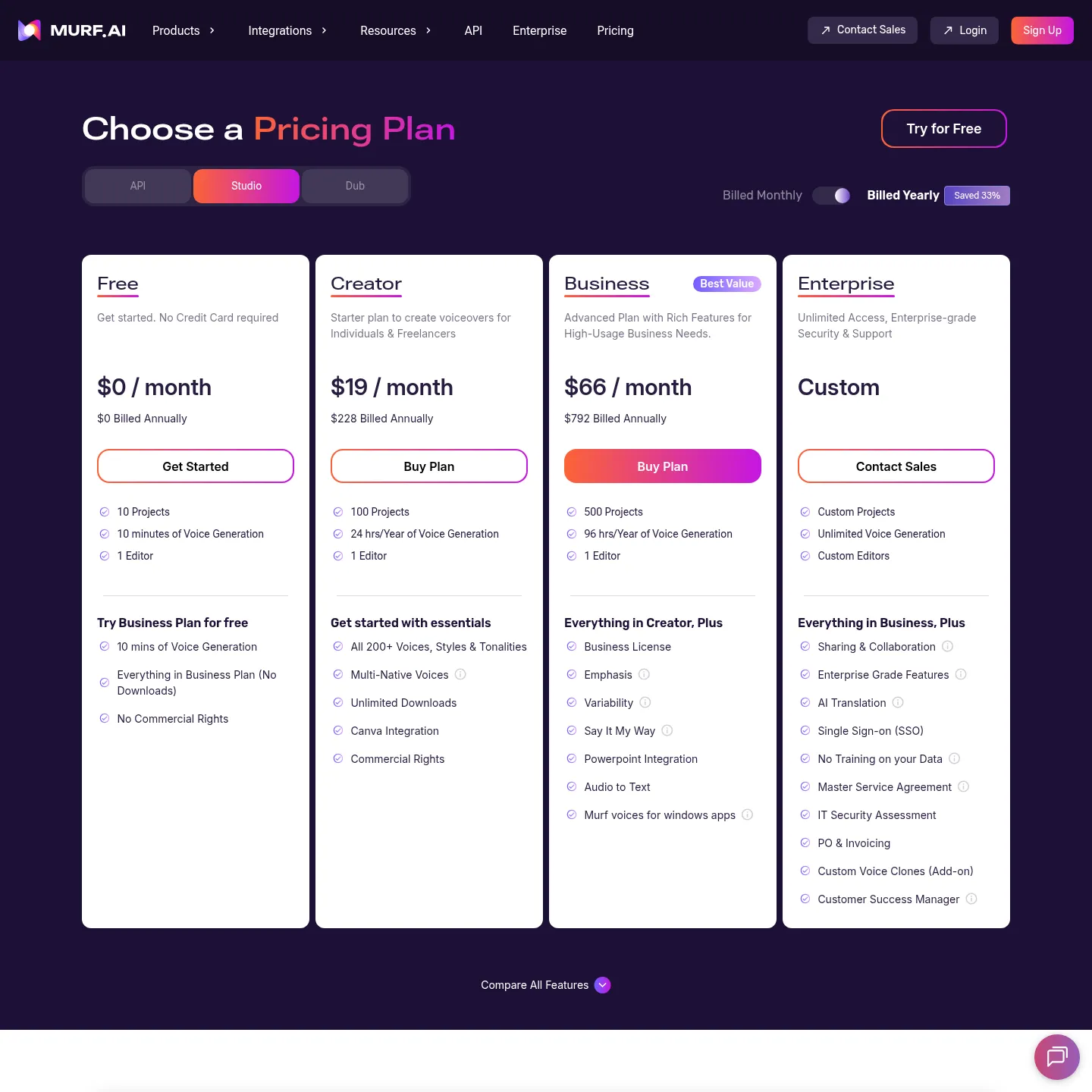 Murf Studio pricing page showing billing options, generation allowances and editor limits