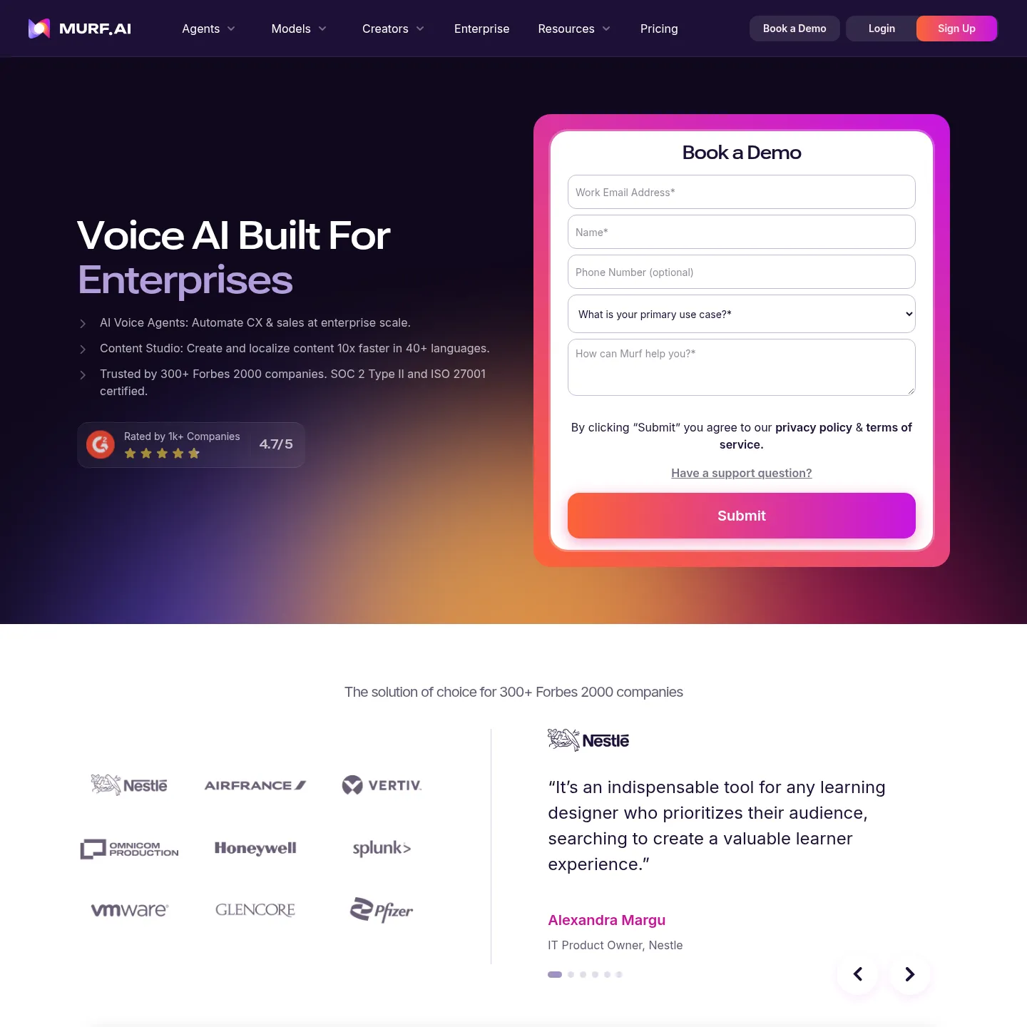 Murf enterprise page for business deployment and team requirements