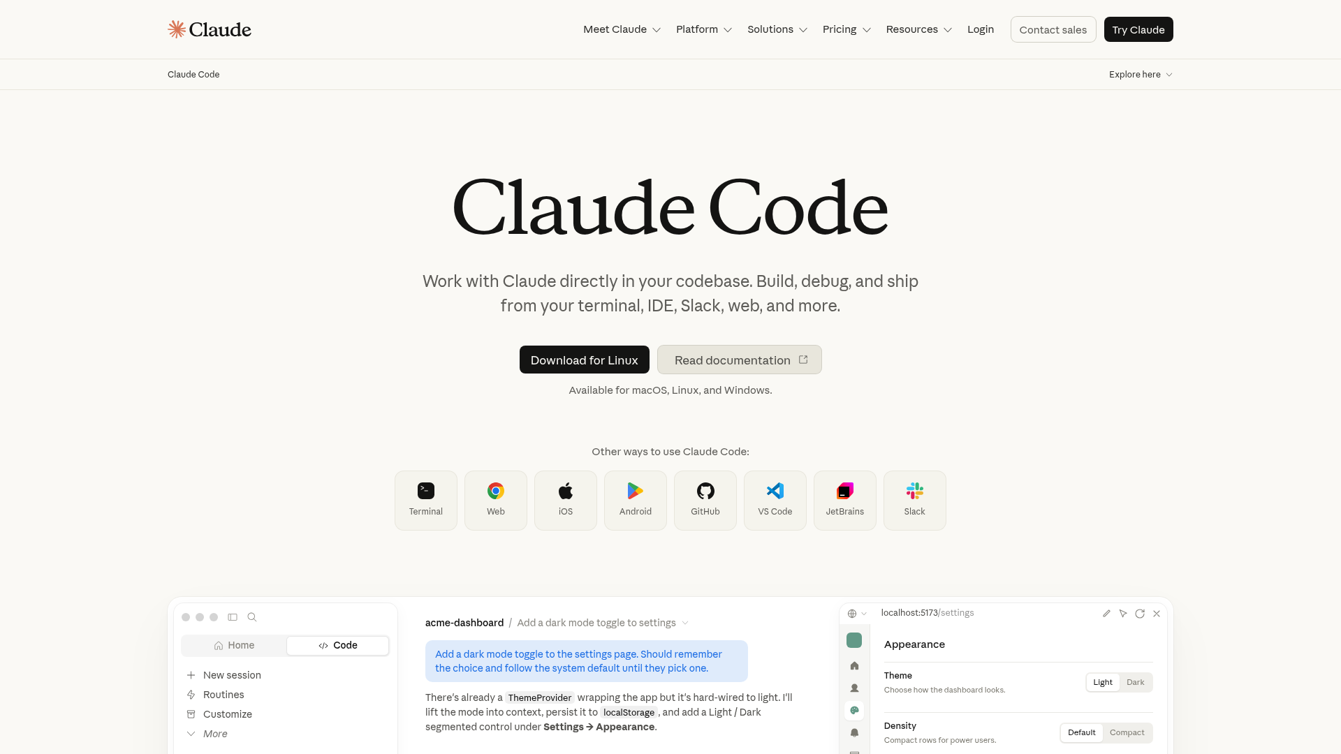Claude Code product page showing its coding-agent workflow
