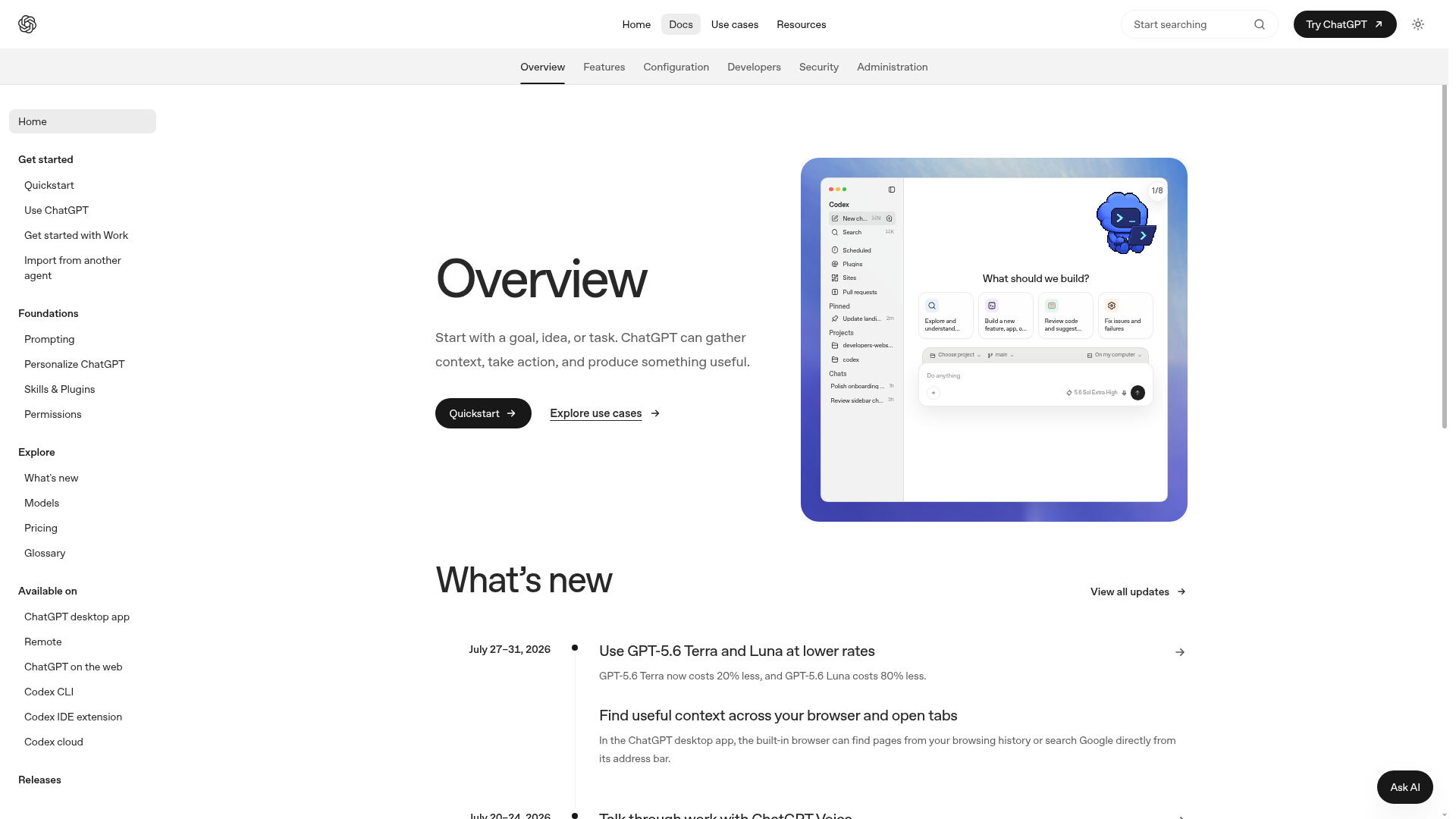 OpenAI Codex documentation showing its coding-agent surfaces