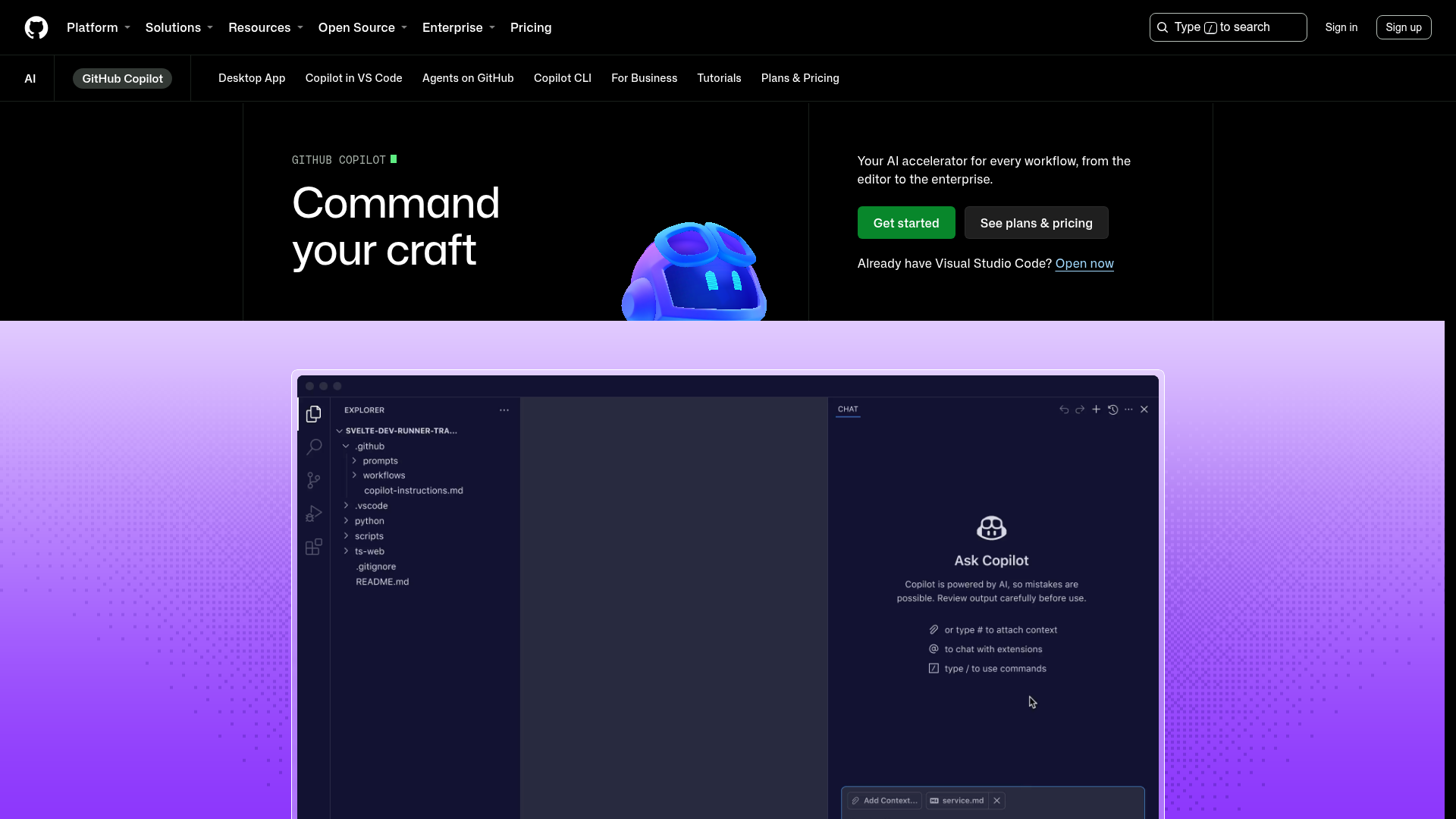 GitHub Copilot product page showing coding-agent features