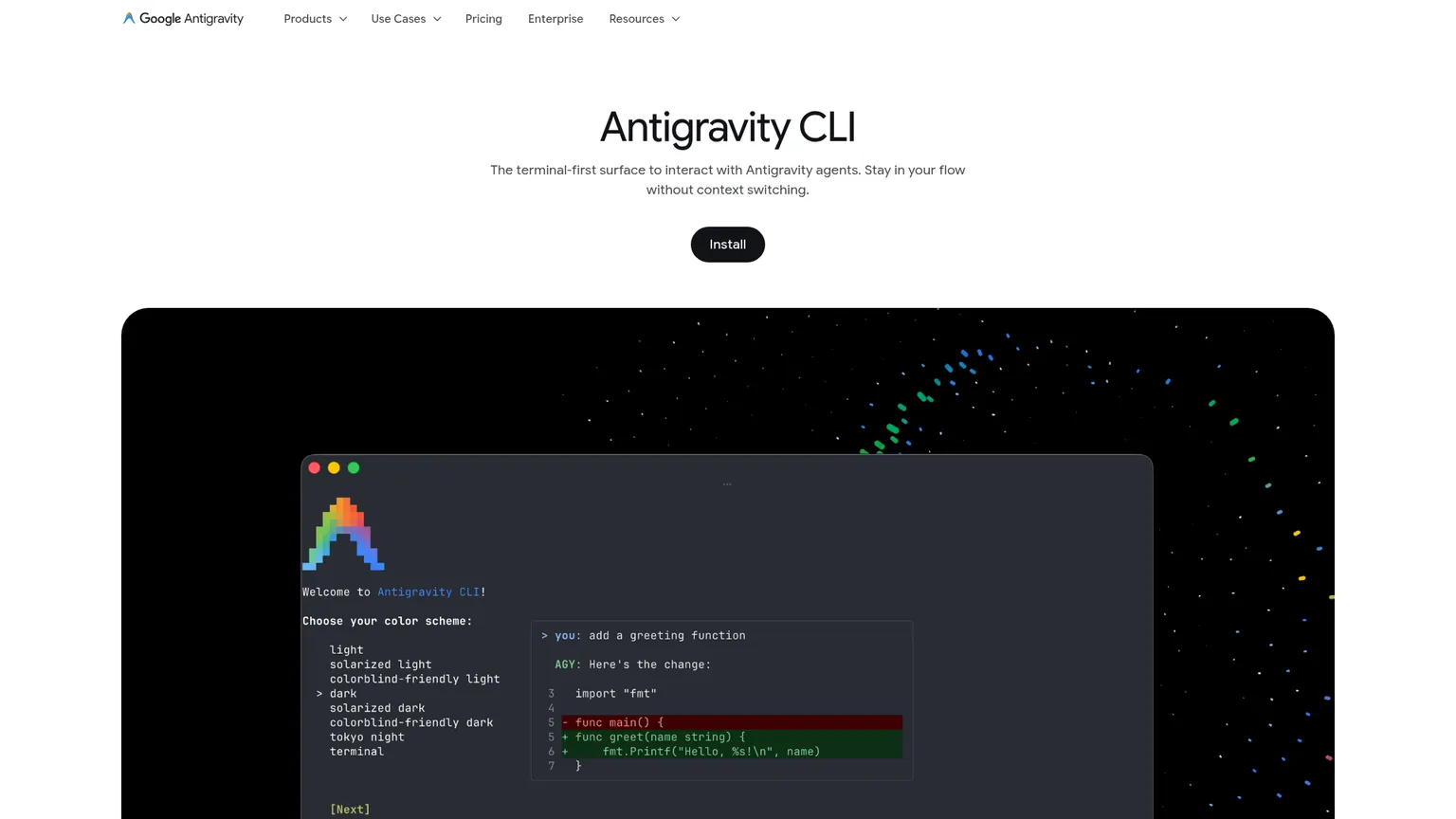 Pagina di Google Antigravity CLI con agenti e subagenti nel terminale