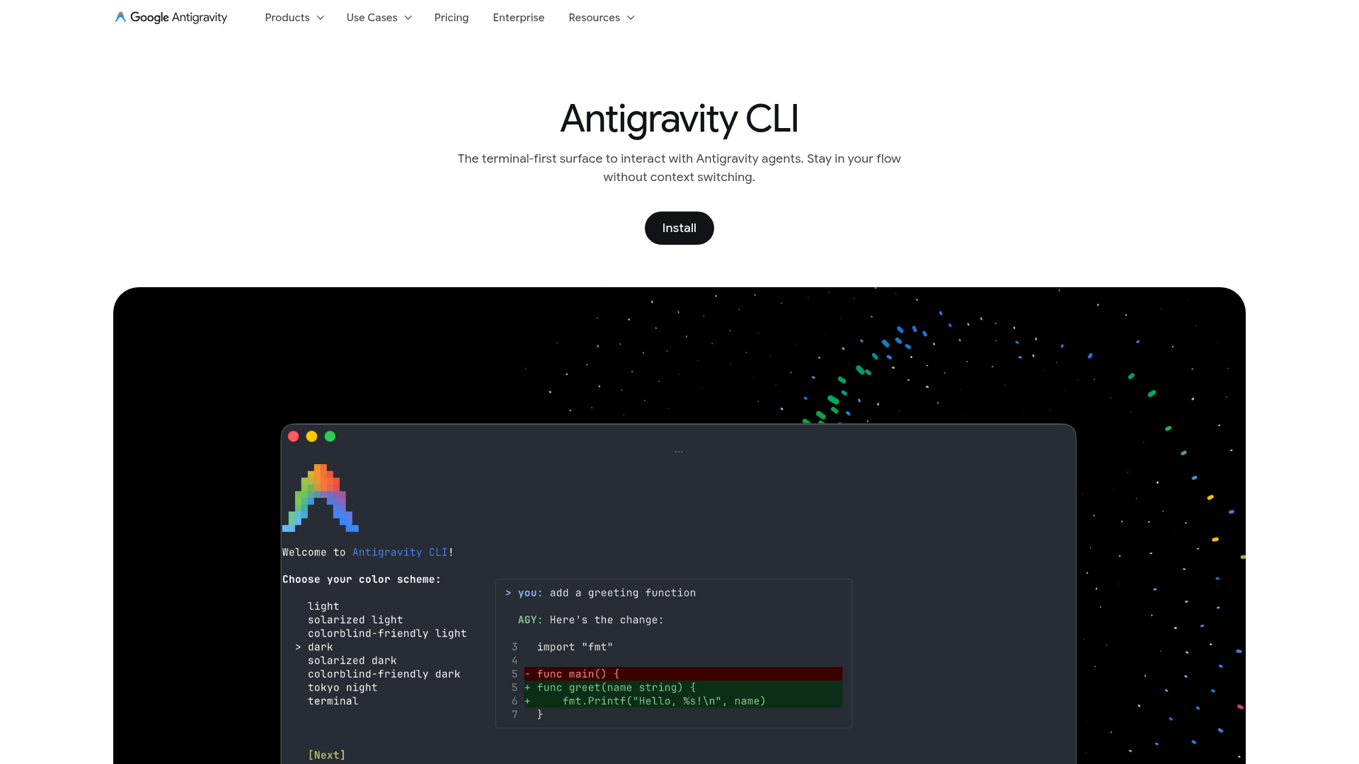Google Antigravity CLI page showing terminal agents and subagents
