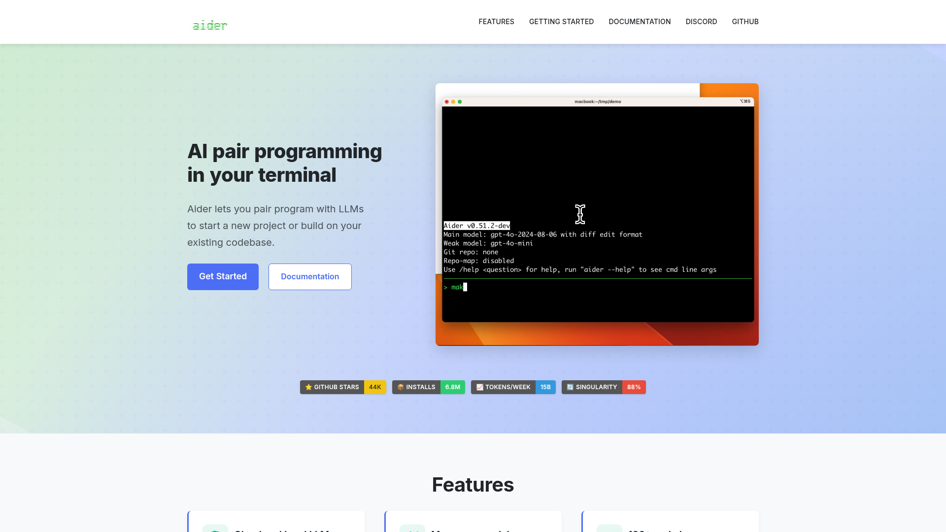 Aider homepage showing AI pair programming in the terminal