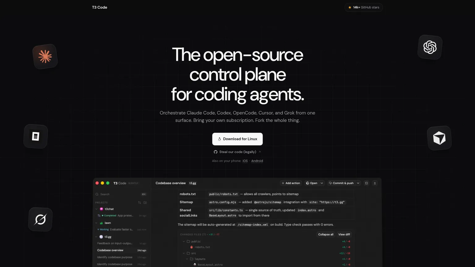 Homepage di T3 Code con più agenti di coding in un unico control plane