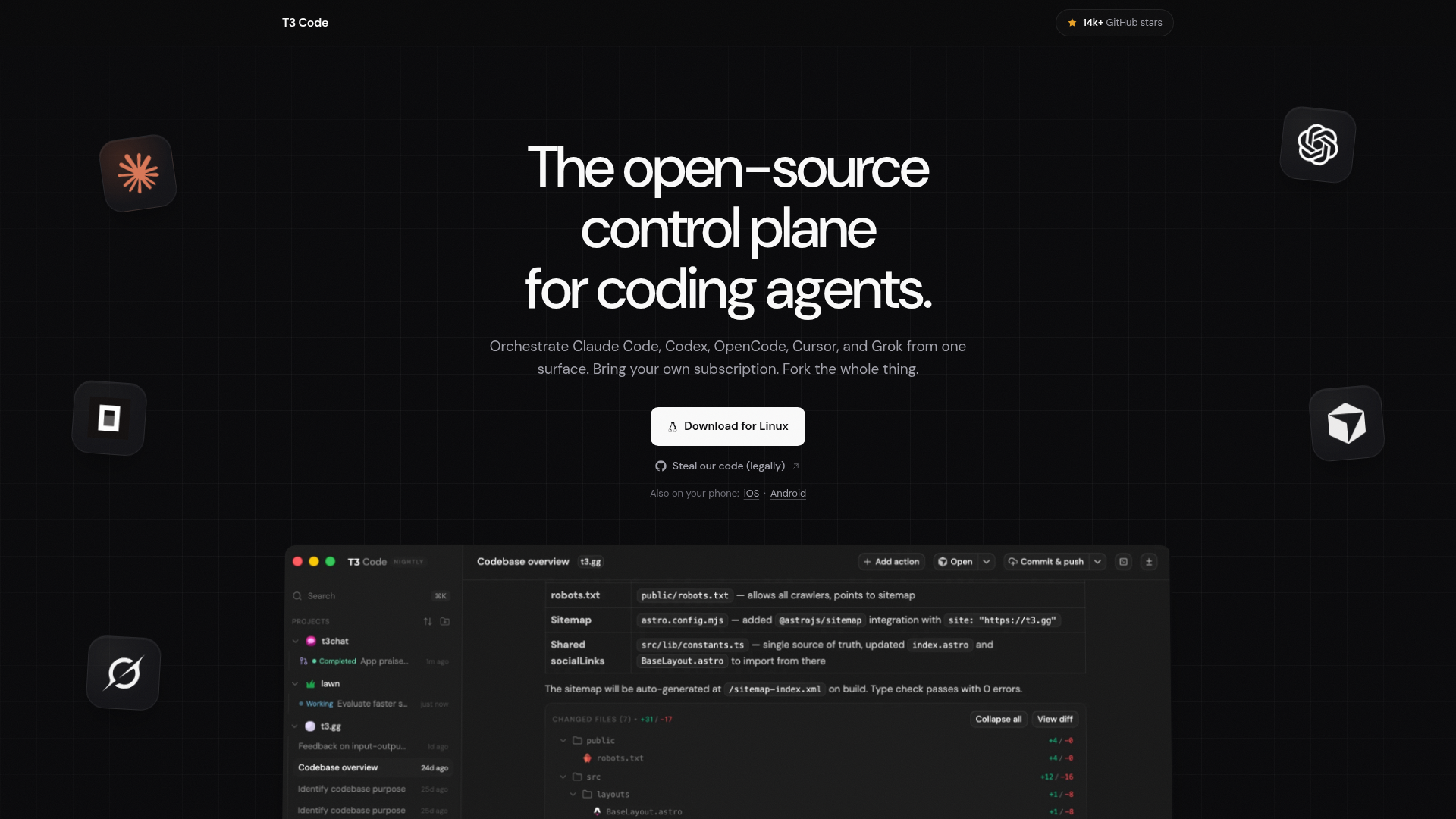 T3 Code homepage showing multiple coding agents in one control plane