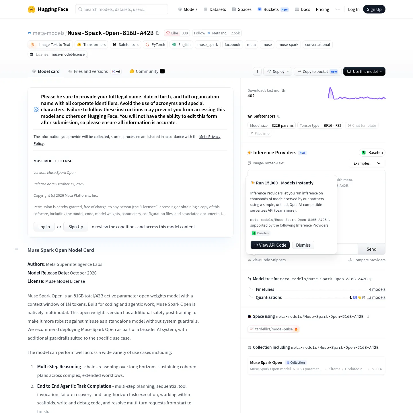 Ficha de Muse Spark Open de Meta en Hugging Face, con las condiciones de acceso y la documentación del modelo