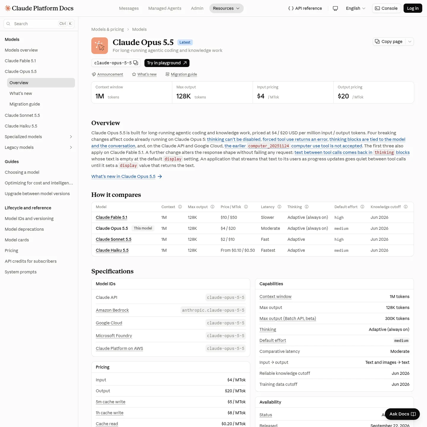 Documentation d’Anthropic sur Claude Opus 5.5 présentant l’identifiant du modèle, la fenêtre de contexte, les tarifs API et les capacités.