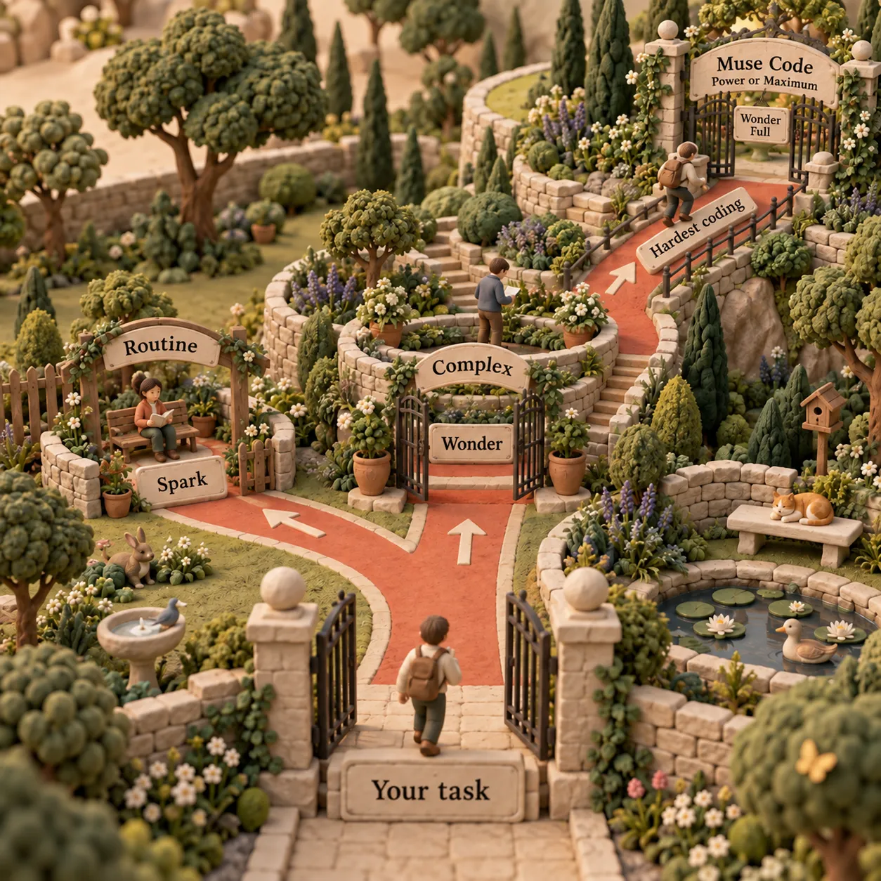 Dans un jardin en pâte à modeler, des chemins de décision réservent les tâches courantes à Spark, orientent les tâches complexes vers Wonder et placent Full derrière un accès Muse Code Power ou Maximum