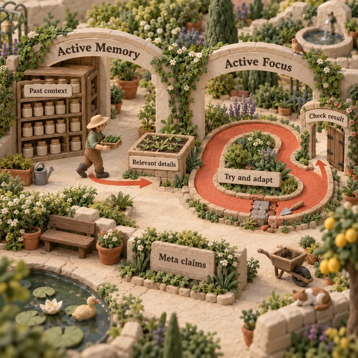 L’architecture d’un jardin en pâte à modeler distingue Active Memory, qui retrouve le contexte passé pertinent, d’Active Focus, qui essaie, adapte et vérifie