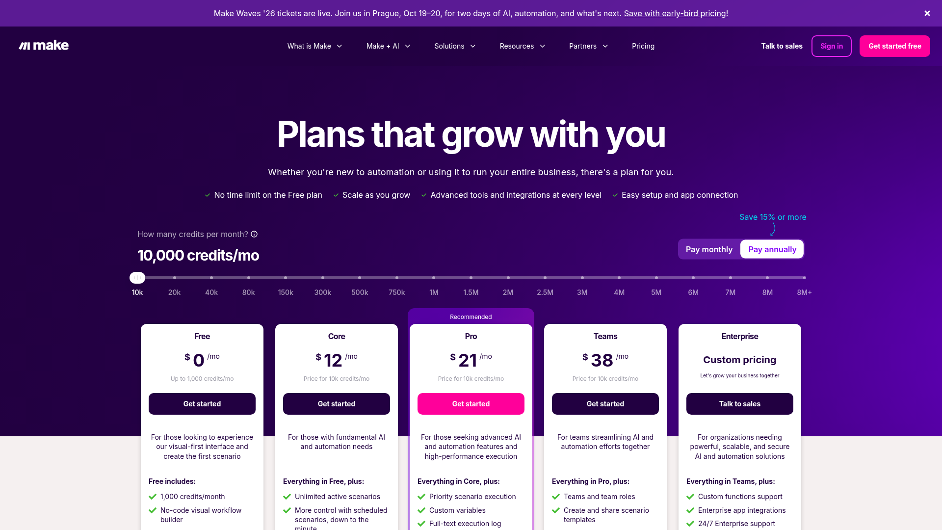 Make pricing page showing Free, Core, Pro, Teams, and Enterprise plans