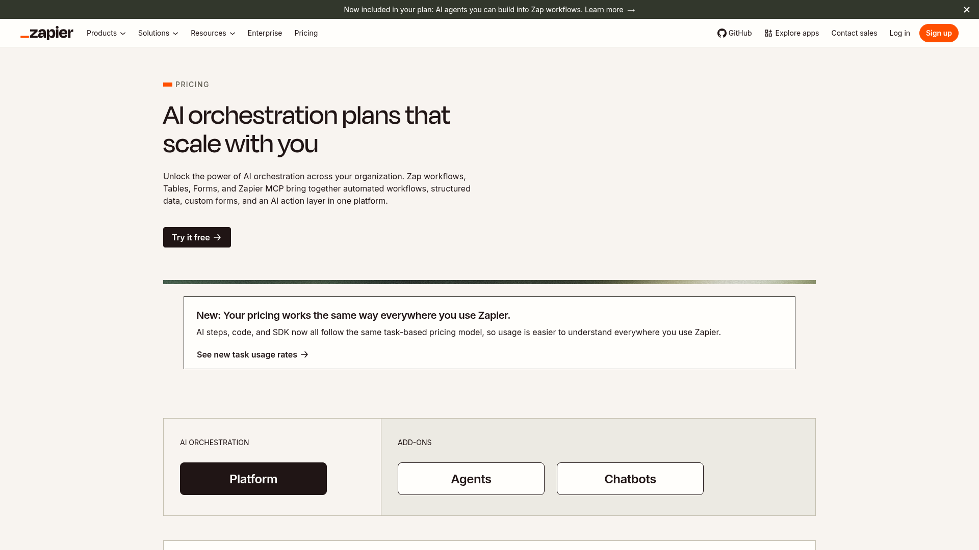 Zapier pricing page showing Free, Professional, Team, and Enterprise plans
