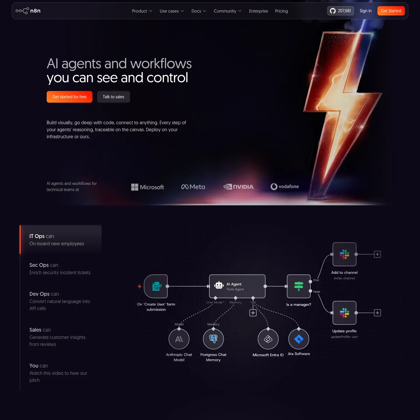 Homepage di n8n che presenta il prodotto per l'automazione dei workflow