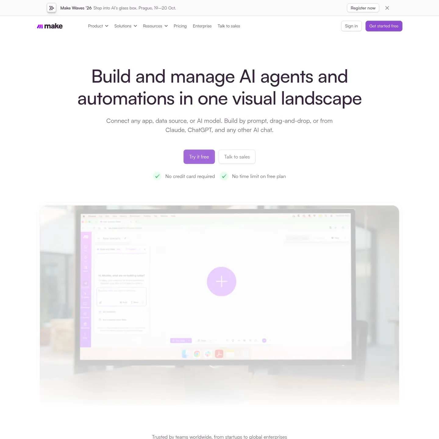 Homepage di Make che presenta la piattaforma di automazione visuale