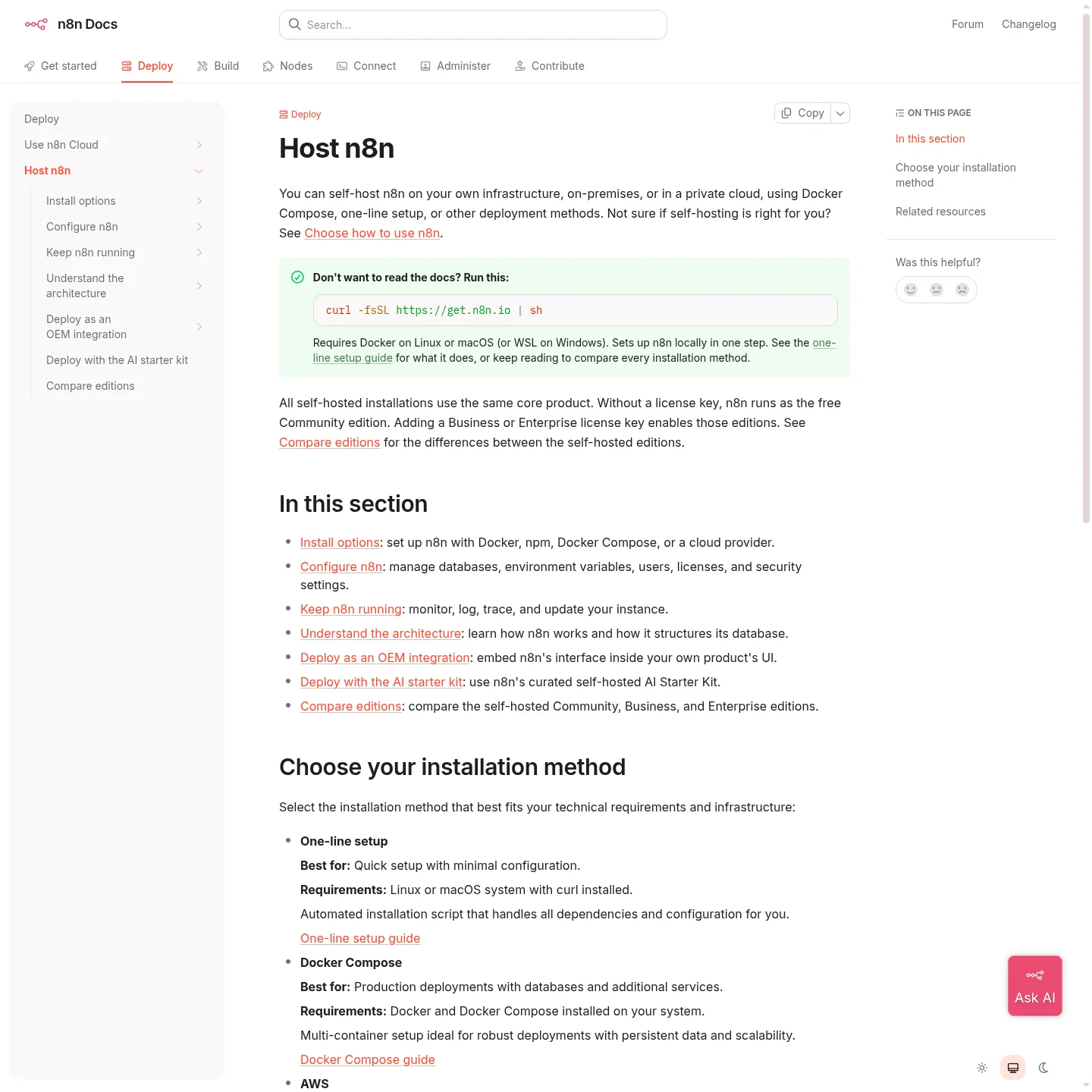 Documentazione di n8n sulle opzioni di installazione sulla propria infrastruttura
