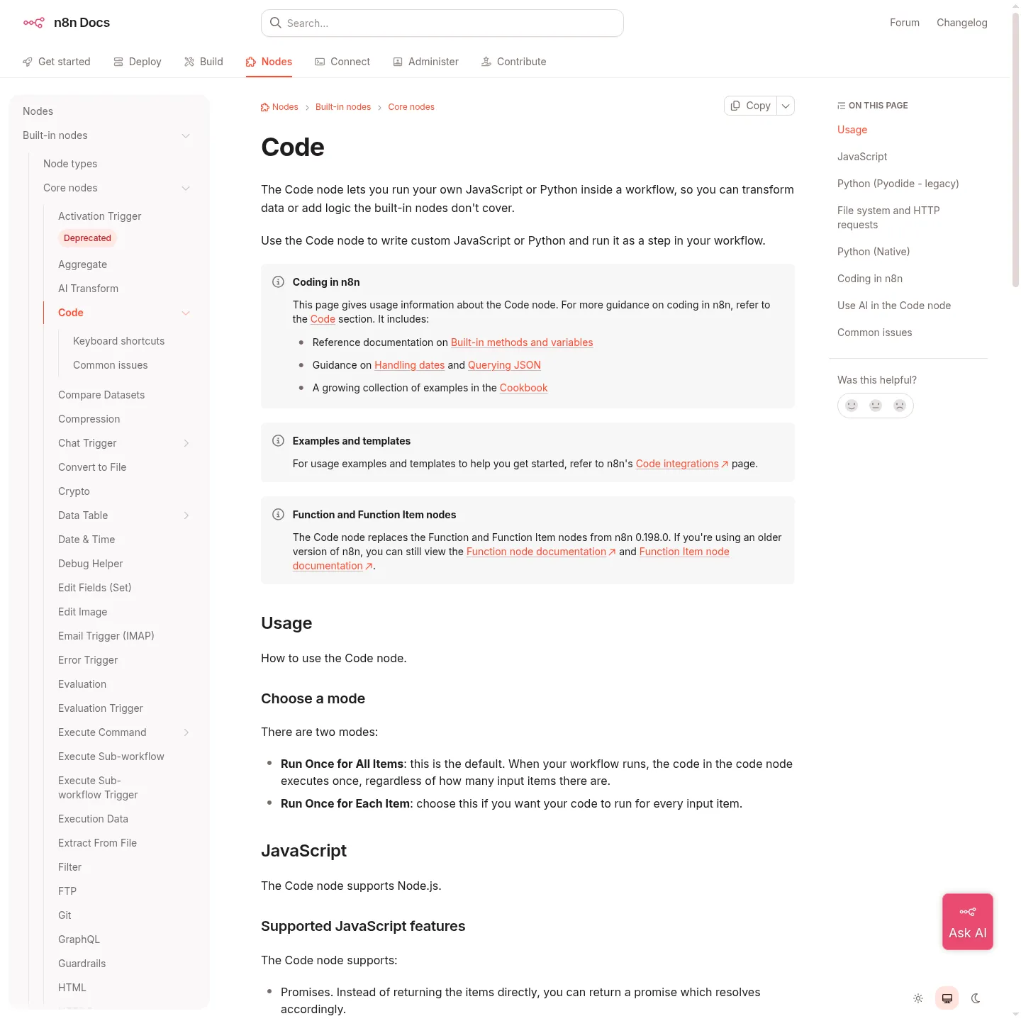 Documentazione del nodo Code di n8n sul supporto a JavaScript e Python