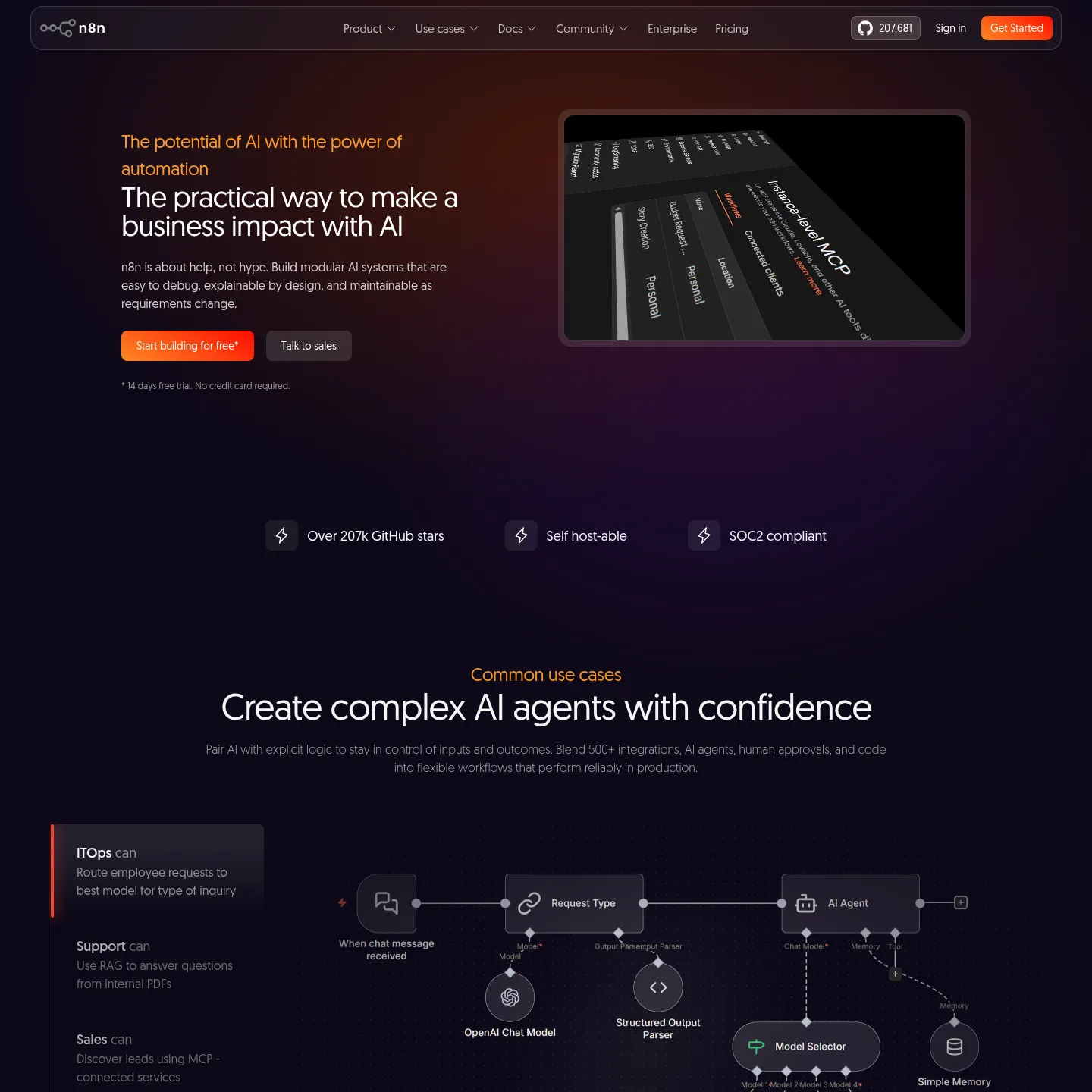 Pagina AI di n8n con workflow ad agenti e controlli di supervisione umana