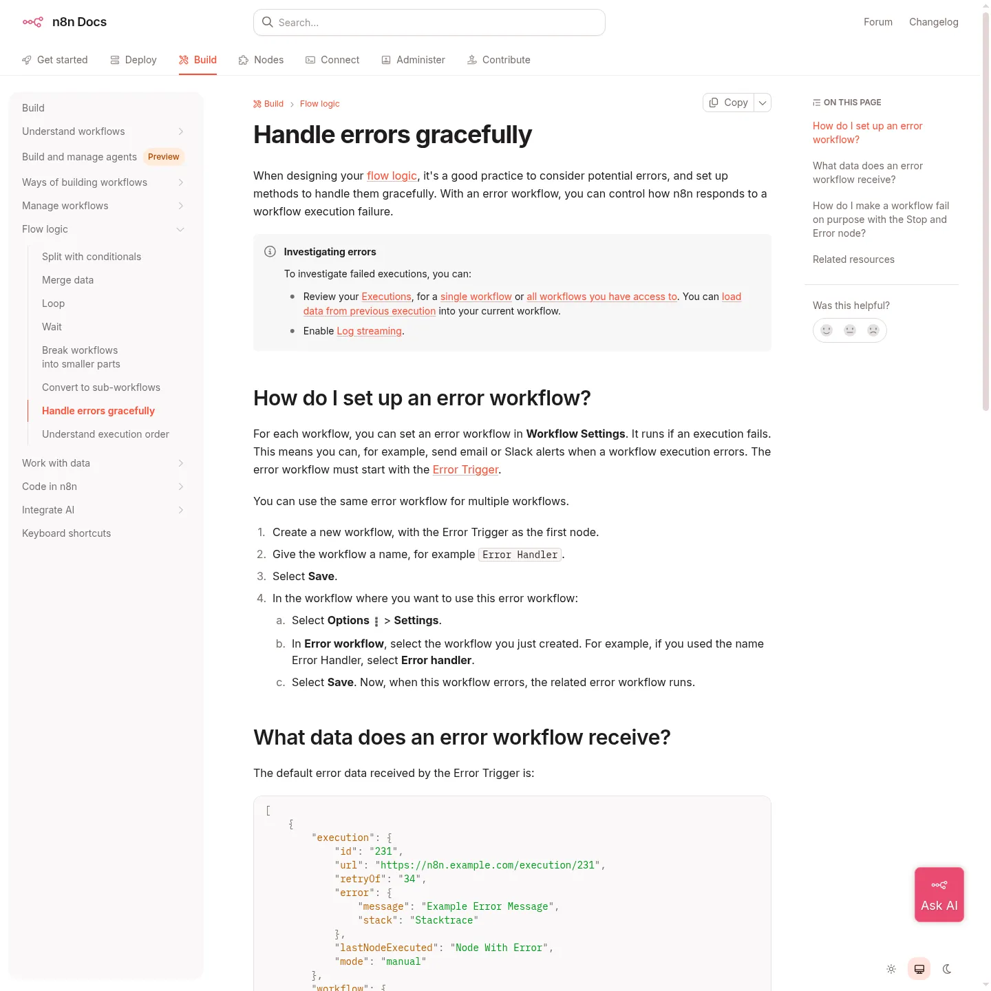 Documentazione di n8n sulla configurazione di un workflow per la gestione degli errori