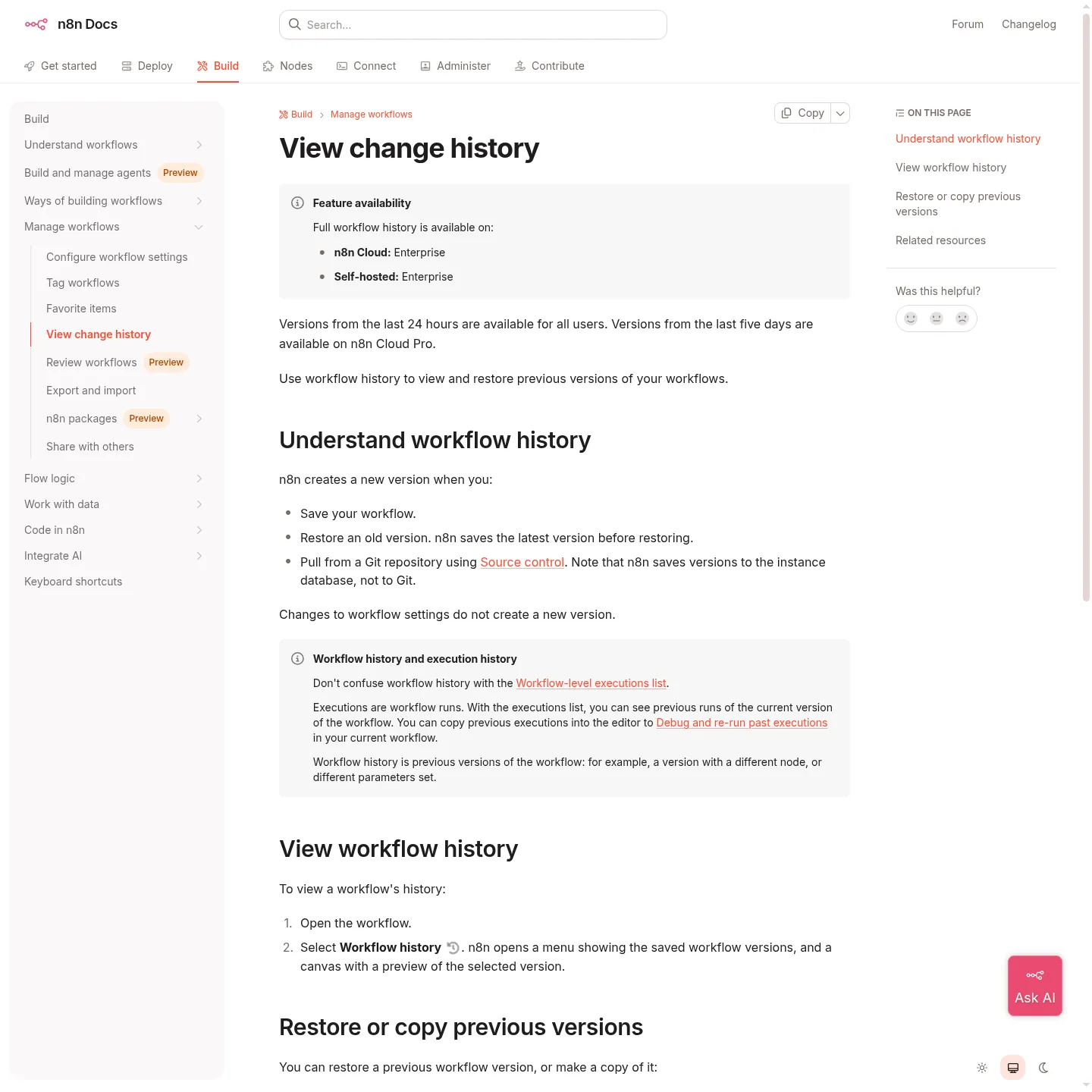 Documentazione della cronologia dei workflow di n8n sul ripristino delle versioni