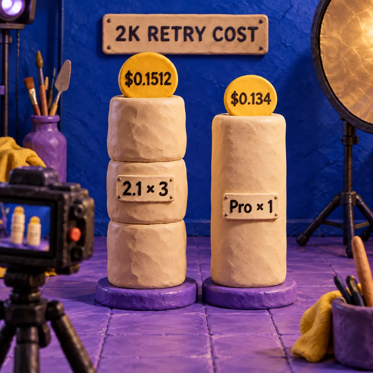 Two clay columns compare three 2K Nano Banana 2.1 attempts at $0.1512 with one Pro attempt at $0.134