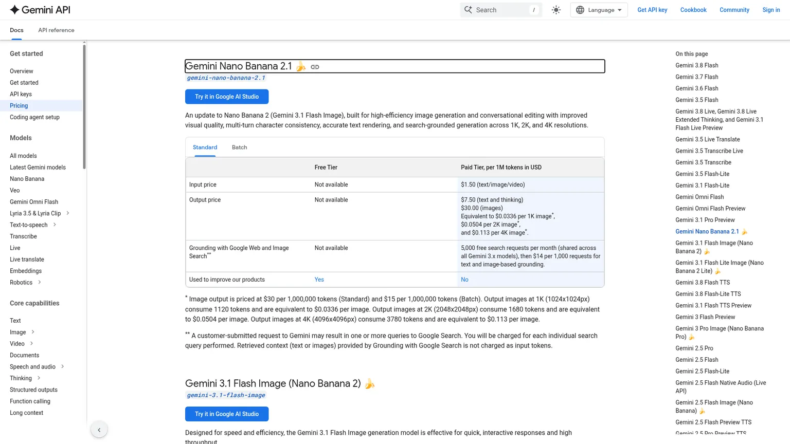 Google's official Gemini API image pricing page