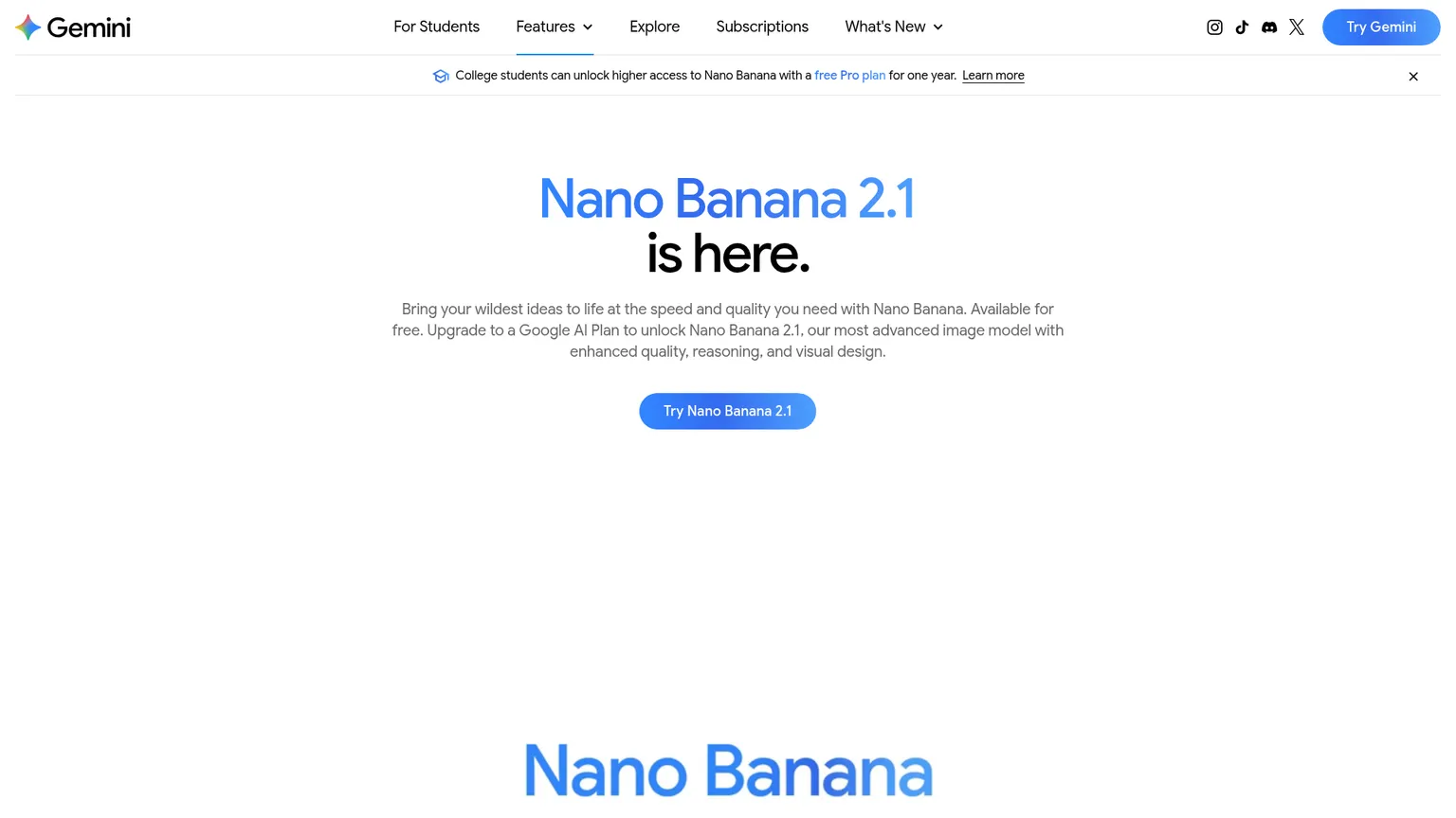 Google's Gemini image-generation page describing Nano Banana 2.1 and app access
